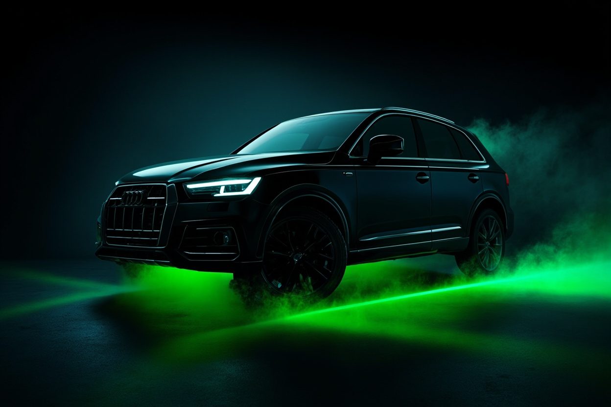 Volkswagen Tiguan 2023, кроссовер в тёмной студии, ракурс спереди в три четверти